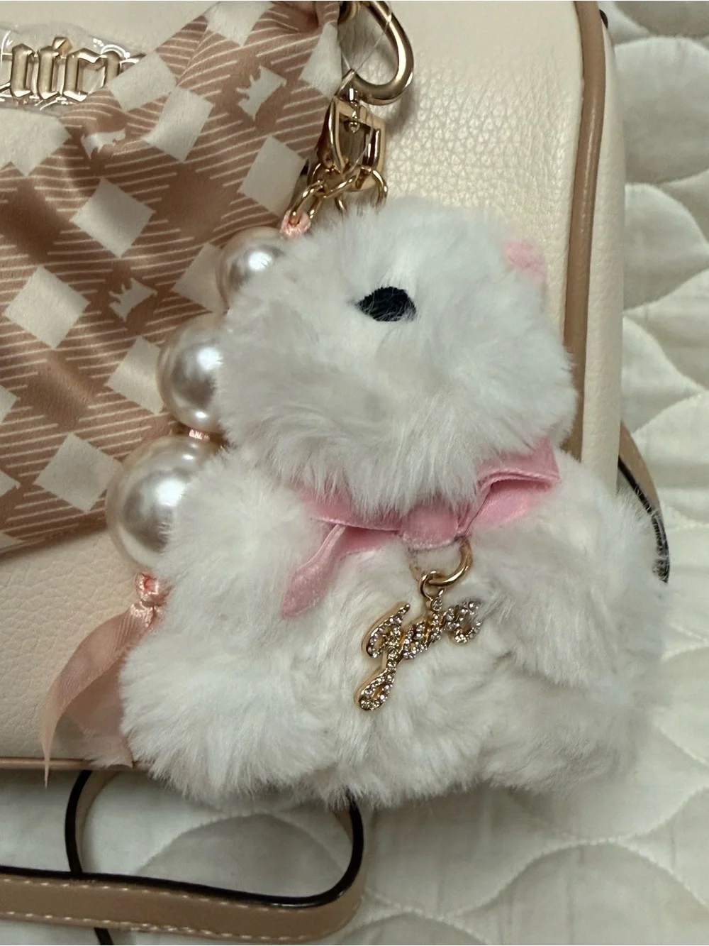 Juicy Couture Cream Satchel with Pink-Tan Scarf and Charm